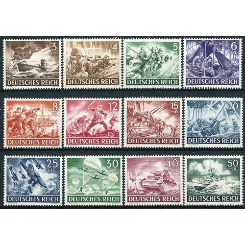 Allemagne, 3ème Reich 1943, Très Belle Série Complète Neuve** Luxe Yvert 748 À 759, Journée Des Héros De L'armée Nazie, Sous Marin U-Boat, Nid De Mitrailleuses, Peloton Motocycliste, Char De Combat..