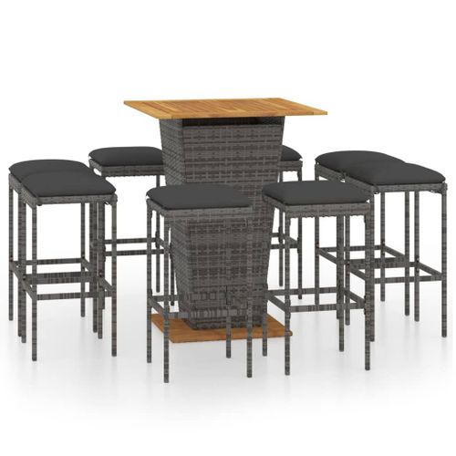Vidaxl Ensemble De Bar De Jardin 9 Pcs Et Coussins Résine Tressée Gris