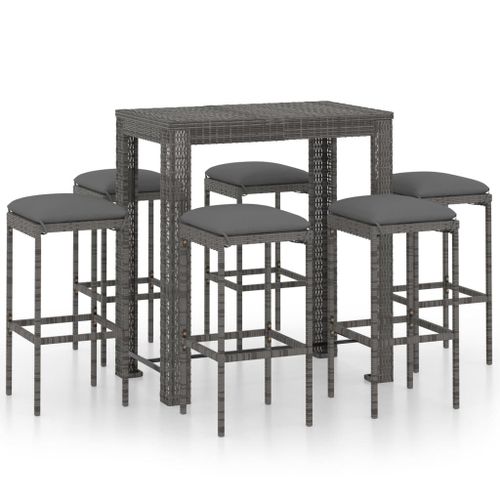 Vidaxl Ensemble De Bar De Jardin 7 Pcs Et Coussins Résine Tressée Gris