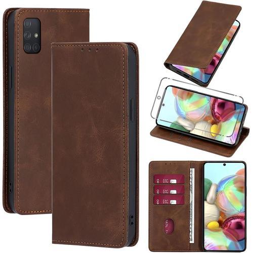 Coque Cuir Pour Samsung Galaxy A71 4g/5g 6.7"" Avec 1 Verre Trempé Etui À Rabat En Pu Porte-Cartes Portefeuille Support Flip Housse Magnétique Antichoc Anti-Rayures Case,Marron