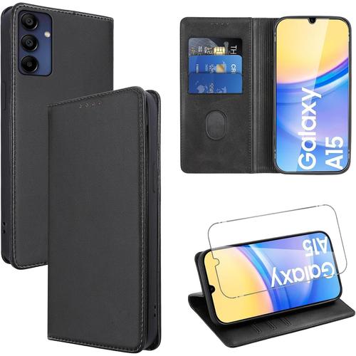 Coque Cuir Pour Samsung Galaxy A15 4g/5g 6.5"" Avec 1 Verre Trempé Etui À Rabat En Pu Porte-Cartes Portefeuille Support Flip Housse Magnétique Antichoc Anti-Rayures Case,Noir