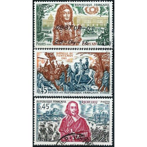 France 1970, Belle Série Complète Timbres Yvert 1655 1656 1657, Histoire De France, Richelieu, Louis Xiv Et Bataille De Fontenoy, Oblitérés, Tbe.