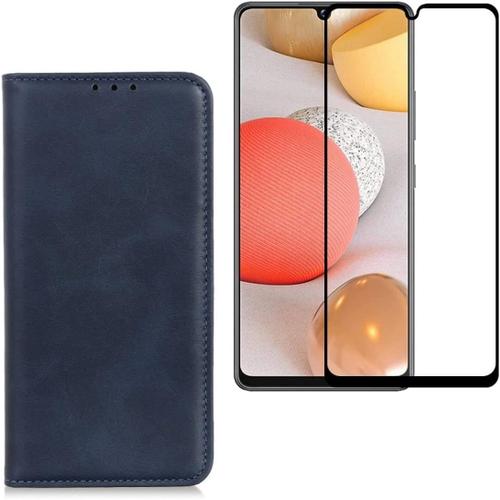 Etui Portefeuille Pour Samsung Galaxy A32 5g, Housse À Fermeture Magnétique Avec Verre Trempé Bords Noirs - Bleu