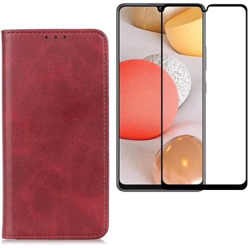 Etui Portefeuille Pour Samsung Galaxy A32 5g, Housse À Fermeture Magnétique Avec Verre Trempé Bords Noirs - Rouge