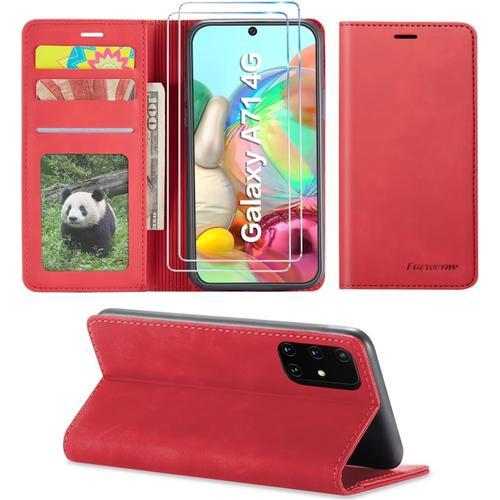 Coque Pour Samsung Galaxy A71 Avec 2 Pièces Verre Trempé Protection Écran, Luxe Pu Cuir Portefeuille Housse Avec Magnétique Flip Protection Case - Rouge