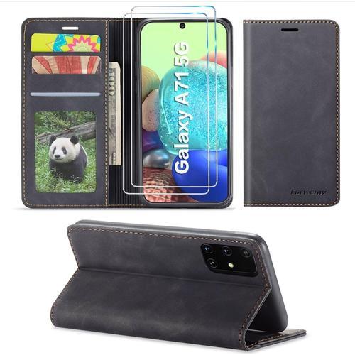 Coque Pour Samsung Galaxy A71 5g Avec 2 Pièces Verre Trempé Protection Écran, Luxe Pu Cuir Portefeuille Housse Avec Magnétique Flip Protection Case - Noir