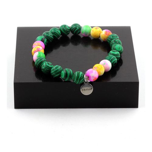 Bracelet Perles Malachite + Jaspe Jaune Violet + Jaspe Rose Jaune + Fabriqué En France.