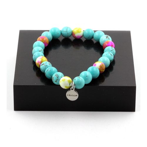 Bracelet Perles Turquoise + Jaspe Rose Jaune 8 Mm. Fabriqué En France.