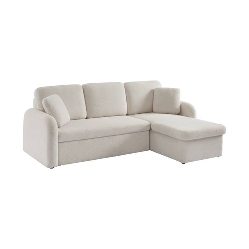 Canapé D'angle Convertible En Tissu Bouclettes Blanches - Milano - 3 Places Fauteuil D'angle Réversible Coffre Rangement Lit Modulable