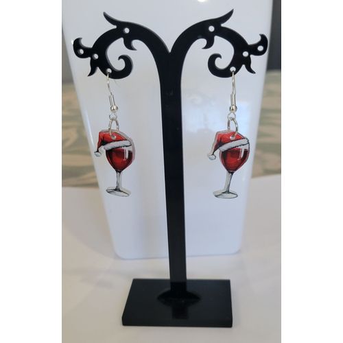 Boucles D'oreilles Verre De Vin Rouge Bonnet De Noel !