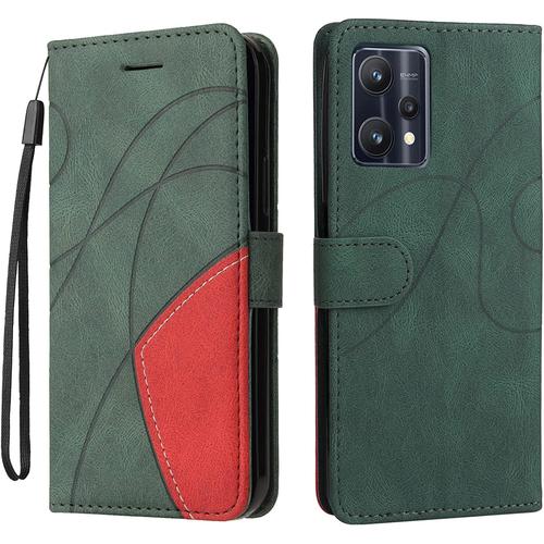 Housse Coque Pour Realme 9 Pro Etui Cuir Pour Realme 9 Pro Coque Housse Pochettes Avec Fentes Pour Cartes, Protecteur Silicone Souple Étuis À Rabat Pour Realme 9 Pro, Vert