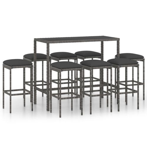 Vidaxl Ensemble De Bar De Jardin 9 Pcs Et Coussins Résine Tressée Gris
