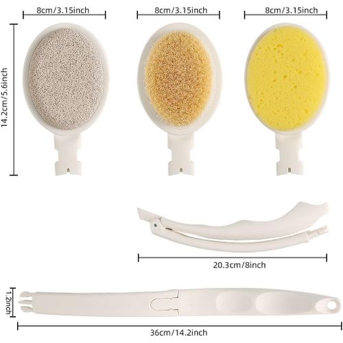 Ensemble De Brosses De Bain Pour Le Corps Avec Long Manche, Brosse De Douche Pliable 3 En 1, Brosse Pour Le Dos Avec Brosse Éponge, Tête De Pierre Ponce Pour Le Bain Et La Douche, Exfoliation Ou Brossage De La Peau Sèche 