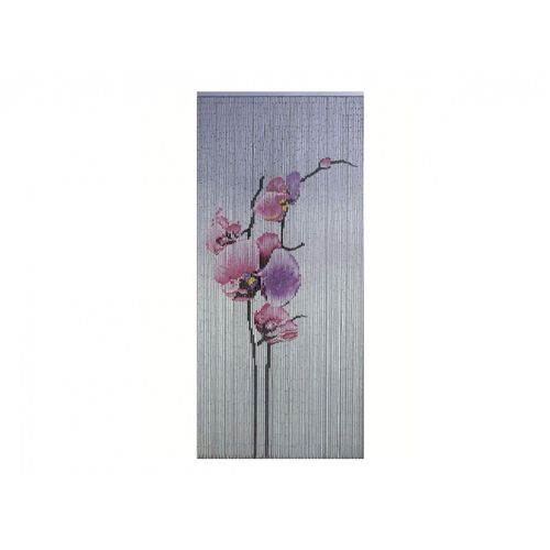 Rideau de porte Bâtonnets de bambou peints, dessin branches d'orchidée rose sur fond blanc - 90 x 200 cm - Morel