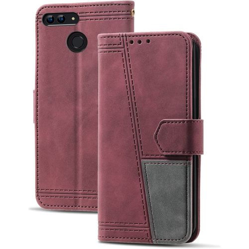 Coque Compatible Avec Huawei P Smart 2018 / Enjoy 7s / Honor 9 Lite, Portefeuille Housse En Cuir Pu Pour Huawei P Smart 2018 / Enjoy 7s, Magnetique Antichoc Flip Coque, Vin Rouge