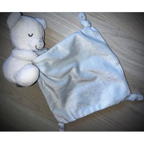 Doudou Ours C&a Blanc Mouchoir Rayé Jouet Bébé Nicotoy Peluche Ourson Soft Toy White Bear