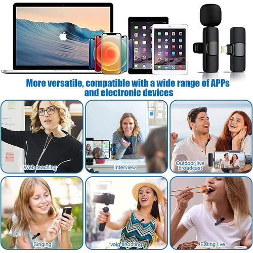 Microphones de Lavalier Sans Fil, 2 Pcs Plug-Play Wireless Mic pour iPhone  et iPad, Microphone de Lavalier sans fil professionnel, Microphone sans fil