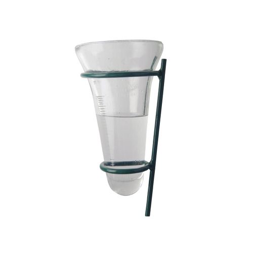 Pluviomètre en verre avec support en métal vert