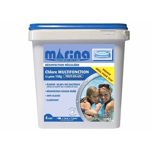 Chlore 4 actions galets 135 g pour piscine 10 m³ - 4,32 kg
