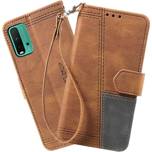 Coque Compatible Avec Xiaomi Redmi 9t, Portefeuille Housse En Cuir Pu Pour Xiaomi Redmi 9t, Magnetique Antichoc Flip Coque, Brun