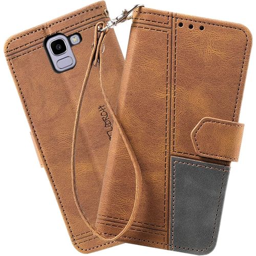 Coque Compatible Avec Galaxy J6 2018, Portefeuille Housse En Cuir Pu Pour Samsung Galaxy J6 2018, Magnetique Antichoc Flip Coque, Brun