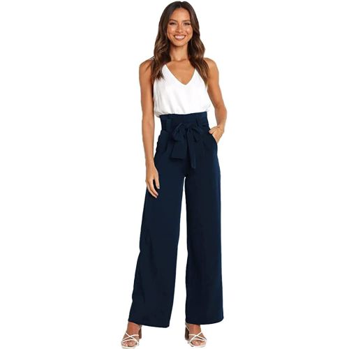 Casual Taille Haute Jambes Larges Pantalons Pour Femmes, Pantalons Avec Ceinture, Pantalons ¿¿ Larges Jambes Avec N?Ud ¿¿ Lacets