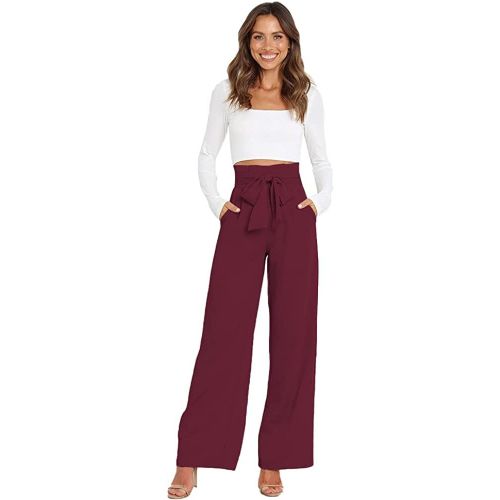 Casual Taille Haute Jambes Larges Pantalons Pour Femmes, Pantalons Avec Ceinture, Pantalons ¿¿ Larges Jambes Avec N?Ud ¿¿ Lacets