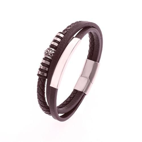 Brun - 18,5 Cm - Bracelet Classique En Cuir Noir Pour Hommes, Multicouche, Avec Fermoir Magnétique En Métal, Beau Bijou, Cadeau