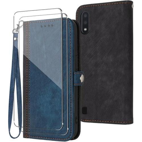 Coque Pour Samsung Galaxy A10/M10 Avec Verre Trempé Protection Écran 2,Housse Cuir Pu Portefeuille Anti-Scratch Cas Support Pour Samsung Galaxy A10/M10-Bleu