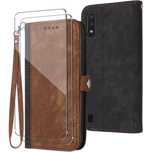 Coque Pour Samsung Galaxy A10/M10 Avec Verre Trempé Protection Écran 2,Housse Cuir Pu Portefeuille Anti-Scratch Cas Support Pour Samsung Galaxy A10/M10-Brown