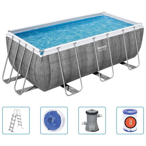 Bestway - Power Steel - Piscine tubulaire avec pompe de filtration et échelle de piscine - 412x201x122 cm - Impression rotin - Rectangulaire