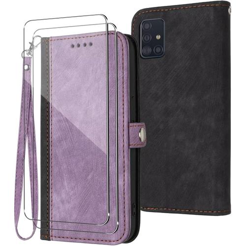 Coque Pour Samsung Galaxy A71 5g Avec Verre Trempé Protection Écran 2,Housse Cuir Pu Portefeuille Anti-Scratch Cas Support Pour Samsung Galaxy A71 5g-Purple