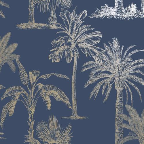 DUTCH WALLCOVERINGS Papier peint Arbres tropicaux Bleu et argenté