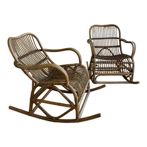 Paire De Rockingchairs En Rotin Annes 70 Bois