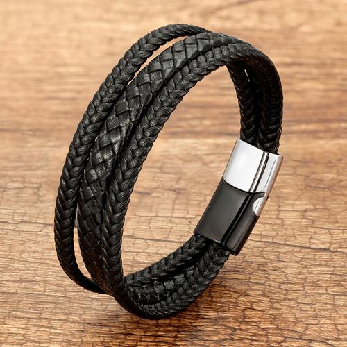 Noir Style D - 19cm - Bracelet En Cuir Multicouche Pour Hommes, Vintage, Marron, Noir, Corde, Chaîne, Bijoux, Fermoir En Acier Inoxydable