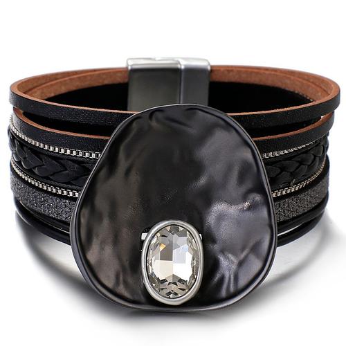 Cristal Noir - Bracelet En Cuir Multicouche, Fait À La Main, Breloque En Métal, Fermoir Magnétique, Manchette, Bijoux Pour Femmes