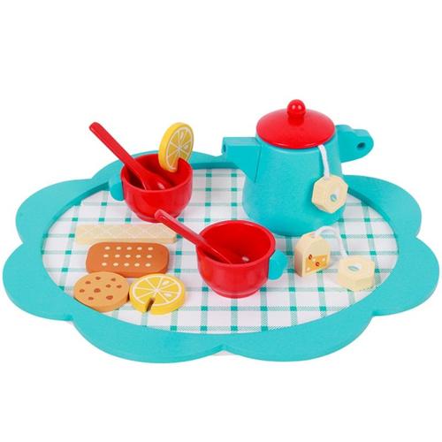 Service À Thé De L'Après-Midi Bleu En Bois, Set De Jeu Comprenant Théière, Tasse, Cuillère, Dessert, Morceaux De Citron, Jouet D'Éducation Précoce Pour Enfants D5qa