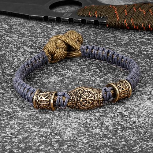 Gris - Bracelets En Corde De Paracorde Boussole Runes Nordique Pour Hommes, En Bronze Antique, Lanière De Survie, Amulette Vikings, Bijoux Faits À La Main