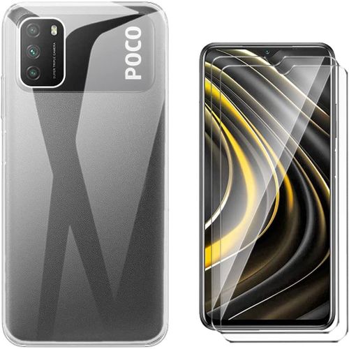 Protection Coque pour Xiaomi Poco M3 TPU Étui Silicone Transparent Housse Shell + Gratuit 2 Pcs Verre Trempé écran Glass Vitre Film (6.53") - Transparent