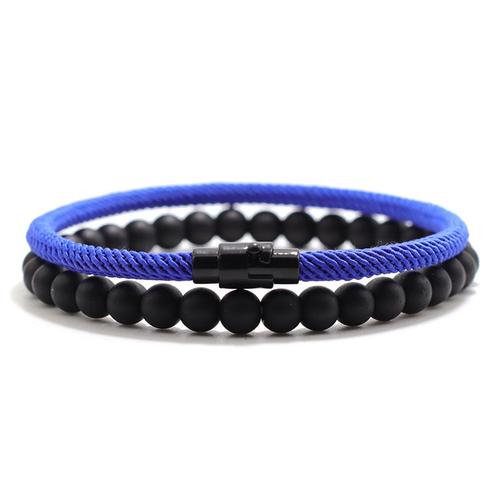 Bleu Foncé - 19,5 Cm (7,5 Pouces) - 2022 2pcs Bracelet Assorti Ensemble Pour Hommes Femmes 6mm Pierre D'onyx Bracelet 4mm Bonne Chance Corde Braslet Jumelé Couple Brazalete Pulseira