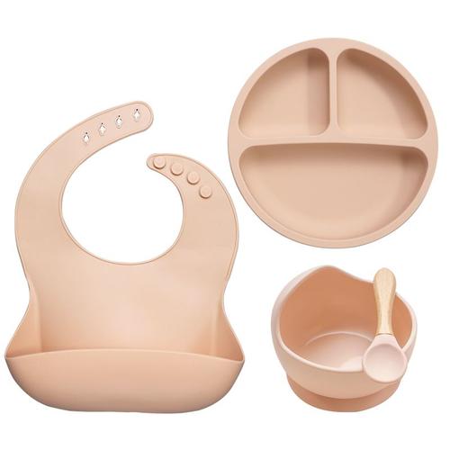 Abricot - Couverts Pour Enfants Avec Logo Personnalisé, Kit D'alimentation En Silicone Souple, Bol À Dîner Avec Ventouse, Bavoir Réglable, Fournitures Pour Bébé, Cadeau De Fête Prénatale, 4 Pièces