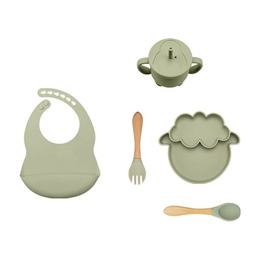 Green De Mouton - Ensemble De Bols D'alimentation En Silicone Pour Bébé, Vaisselle, Étanche, Apprentissage, Ventouse, Fourchette En Bois, Cuillère, Bavoir Antidérapant, 5 Pièces/1 Ensemble