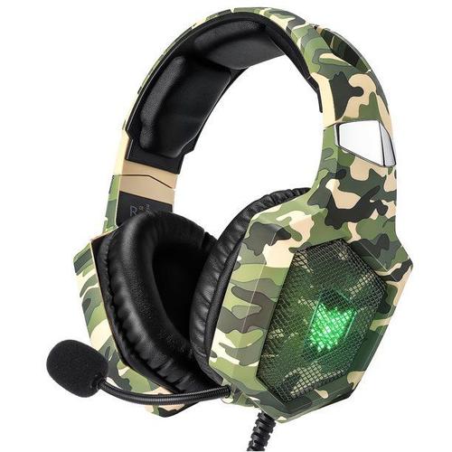 Casque de jeu pour PS4 Xbox One PS5 Sega Dreamcast PC PS2 Casque de jeu a réduction de bruit sur l'oreille avec microphone et amp; Lumiere LED-Camo Vert