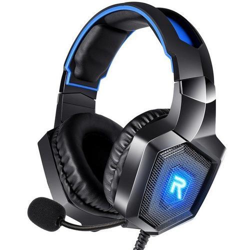 Casque de jeu pour PS4 Xbox One PS5 Sega Dreamcast PC PS2 Casque de jeu a réduction de bruit sur l'oreille avec microphone et amp; Lumiere LED-Noir Bleu