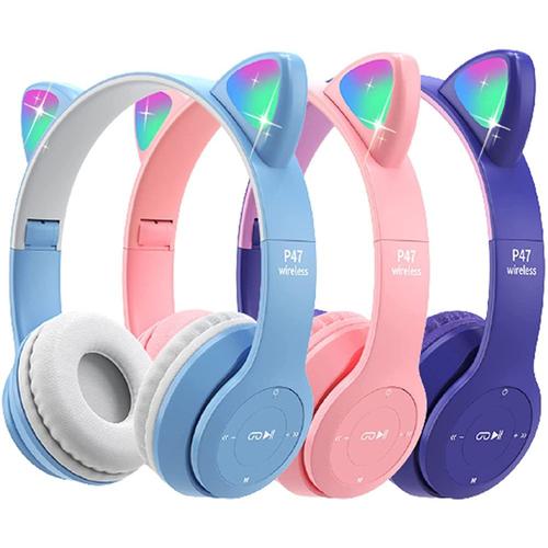 Led Flash Mignon Cat Ears Casque sans fil avec microphone Stéréo Bluetooth  Casque pour enfants Fille Musique Cadeau