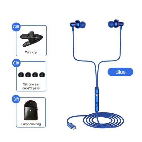 EARDECO casque de téléphone en métal casque filaire mobile avec micro écouteur basse stéréo fil tressé écouteurs réduction du bruit Hifi-bleu type c