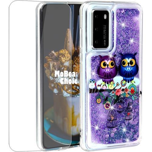 Coque Pour Huawei P40, Avec Verre Trempé Liquide Étui Protecteur Tpu Cover Brillant Bling Créatif Conception Sparkly Coque Housse Telephone Étui Amoureux