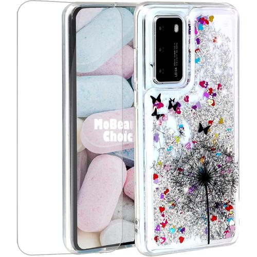 Coque Pour Huawei P40, Avec Verre Trempé Liquide Étui Protecteur Tpu Cover Brillant Bling Créatif Conception Sparkly Coque Housse Telephone Étui Pissenlit