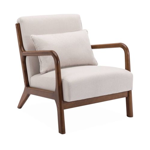Fauteuil Tissu Beige . Pieds Bois D'hévéa Teinté Noyer. 1 Place Droit Fixe. Pieds Compas Scandinave. Structure En Bois Solide