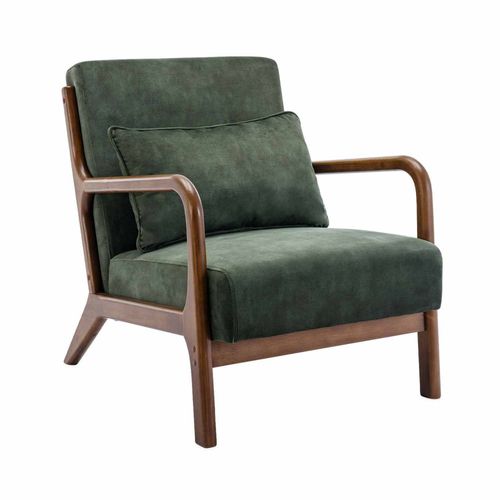 Fauteuil En Velours Kaki. Pieds Bois D'hévéa Teinté Noyer Clair. 1 Place Droit Fixe. Pieds Compas Scandinave